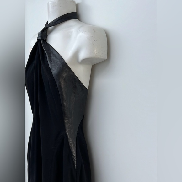 BEBE | Genuine Leather Knot Halter Black Sheath Dress - Picture 7 of 11
